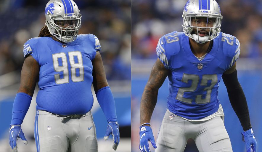 FILE - At left, in an Oct. 28, 2018, file photo, Detroit Lions defensive tackle Damon Harrison plays during an NFL football game against the Seattle Seahawks, in Detroit. At right, also in an Oct. 28, 2018, file photo, Detroit Lions cornerback Darius Slay plays against the Seattle Seahawks during an NFL football game in Detroit. The Detroit Lions started their mandatory minicamp without two standouts on defense. Two-time Pro Bowl cornerback Darius Slay and defensive tackle Damon "Snacks" Harrison were not with their teammates Tuesday, June 4, 2019. Lions coach Matt Patricia says he’s only focusing on players on the field.(AP Photo/Paul Sancya, File)