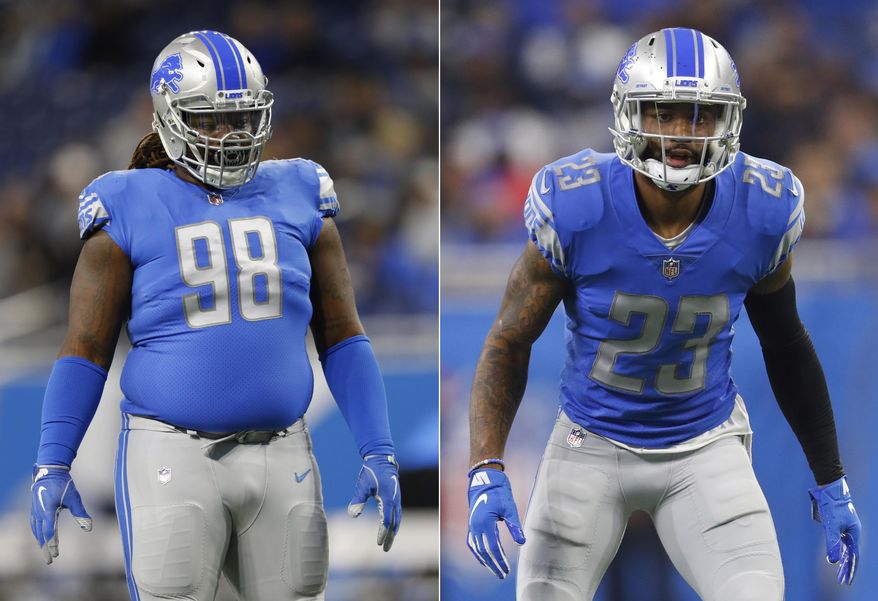 FILE - At left, in an Oct. 28, 2018, file photo, Detroit Lions defensive tackle Damon Harrison plays during an NFL football game against the Seattle Seahawks, in Detroit. At right, also in an Oct. 28, 2018, file photo, Detroit Lions cornerback Darius Slay plays against the Seattle Seahawks during an NFL football game in Detroit. The Detroit Lions started their mandatory minicamp without two standouts on defense. Two-time Pro Bowl cornerback Darius Slay and defensive tackle Damon "Snacks" Harrison were not with their teammates Tuesday, June 4, 2019. Lions coach Matt Patricia says he’s only focusing on players on the field.(AP Photo/Paul Sancya, File)