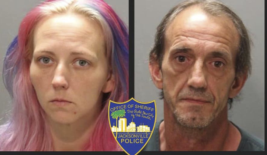 These booking photos provided by the Jacksonville Sheriff's Office, shows Amanda Lea Love, 31, left, and Jerry Allen Burns, 50. The pair were arrested Friday, May 31, 2019, on charges of second degree murder. Police say they hired someone to kill Burns' wife and make it look like a bungled burglary. The search continues for the person who killed 44-year-old Velvet Floyd Burns. (Jacksonville Sheriff's Office/The Florida Times-Union via AP)