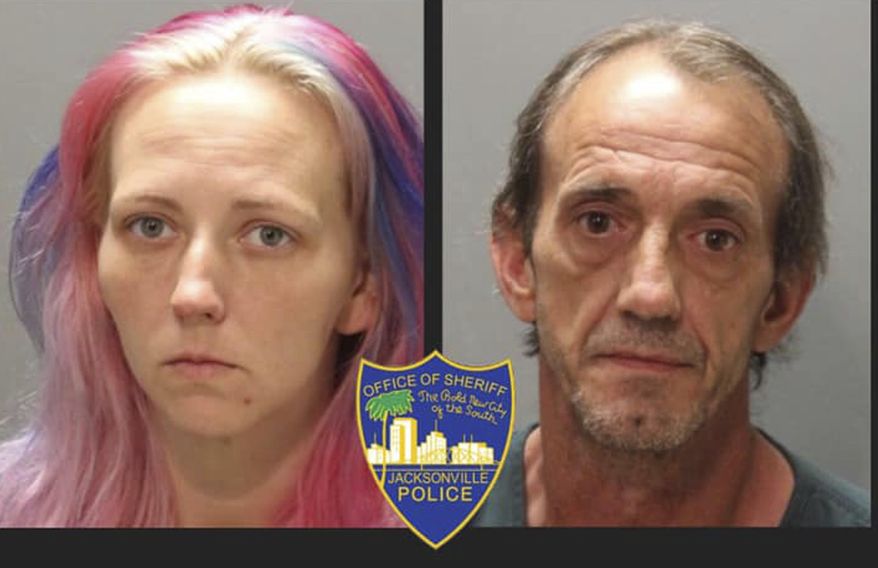 These booking photos provided by the Jacksonville Sheriff's Office, shows Amanda Lea Love, 31, left, and Jerry Allen Burns, 50. The pair were arrested Friday, May 31, 2019, on charges of second degree murder. Police say they hired someone to kill Burns' wife and make it look like a bungled burglary. The search continues for the person who killed 44-year-old Velvet Floyd Burns. (Jacksonville Sheriff's Office/The Florida Times-Union via AP)