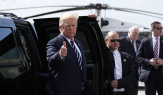 President Donald Trump gives a thumbs up after arriving in Shannon, Ireland, Wednesday, June 5, 2019. Trump is on his first visit to the country as president. (AP Photo/Alex Brandon)