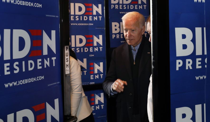 Former Vice President and Democratic presidential candidate Joe Biden arrives at the Community Oven restaurant during a campaign stop in Hampton, N.H., Monday, May 13, 2019. (AP Photo/Michael Dwyer) ** FILE **