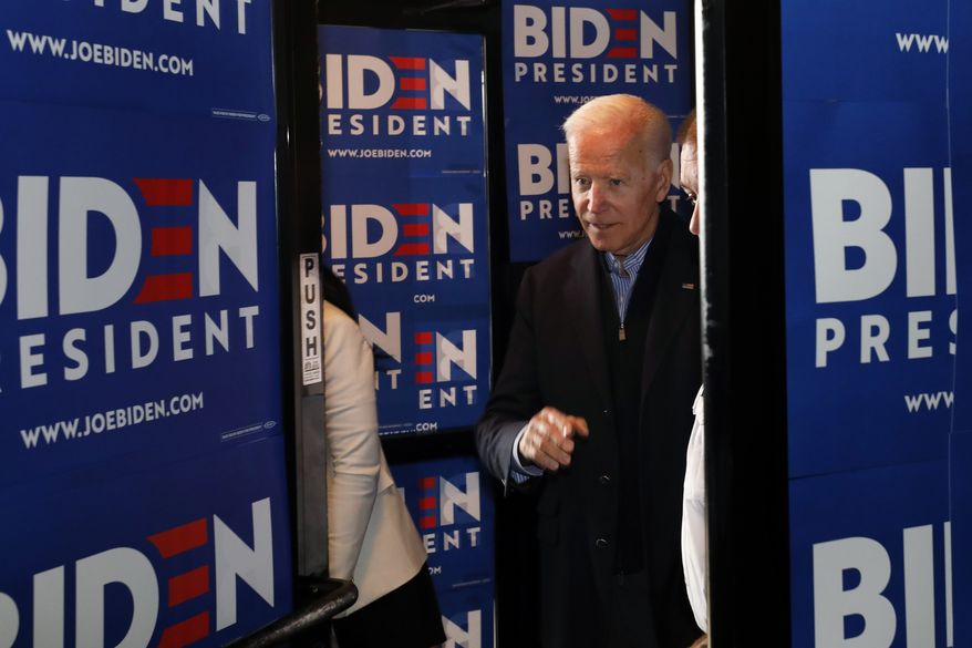 Former Vice President and Democratic presidential candidate Joe Biden arrives at the Community Oven restaurant during a campaign stop in Hampton, N.H., Monday, May 13, 2019. (AP Photo/Michael Dwyer) ** FILE **