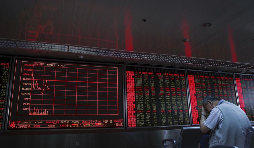 An investor reacts as he monitors stock prices at the brokerage house in Beijing Thursday, June 6, 2019. Asian stocks were mixed on Thursday as traders kept a close watch on impending U.S. tariffs on Mexico amid a standstill in its talks with China. (AP Photo/Andy Wong)
