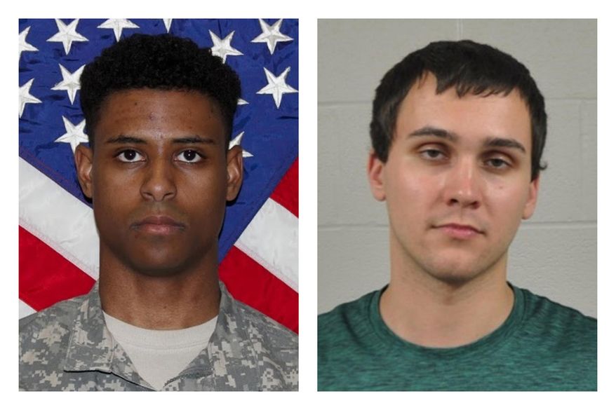 FILE - This combination of photos provided by the U.S. Army and the University of Maryland Police Department shows Richard Collins III, right, and Sean Urbanski. Prosecutors can present evidence that Urbanski, a white man charged with fatally stabbing Richard Collins III, on the University of Maryland's campus had racist memes on his cellphone and "liked" a racist Facebook page, a judge ruled Wednesday, June 5, 2019. (U.S. Army, University of Maryland Police Department via AP, File)