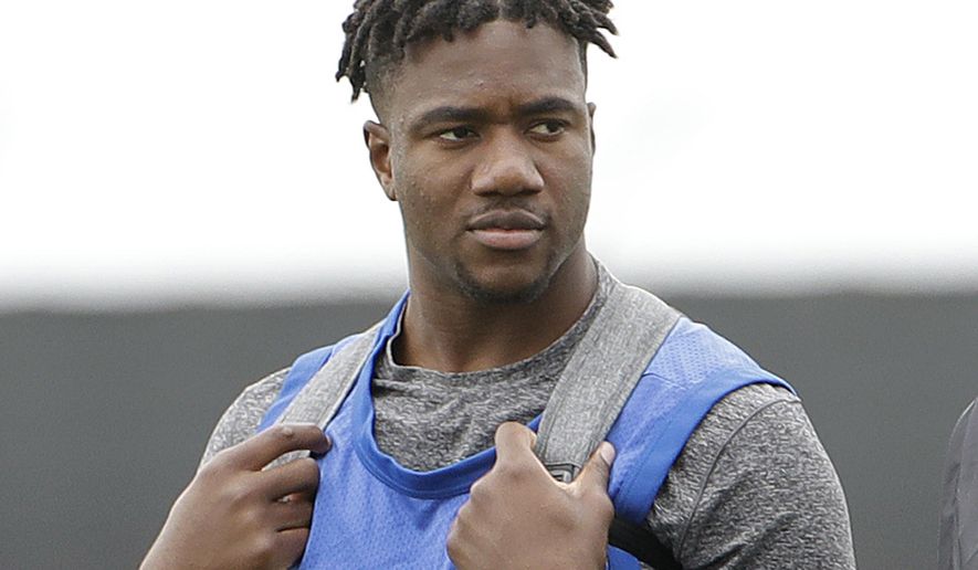 FILE - In this April 11, 2019, file photo, Bobby Okereke is shown during an NFL local Pro Day at the Oakland Raiders football facility in Alameda, Calif. Indianapolis Colts general manager Chris Ballard did his homework on Bobby Okereke. And a sexual assault allegation from 2015 still didn’t scare him off. Just hours after Okereke’s name surfaced publicly for the first time in the case, Ballard told local reporters on a conference call that he took a hard look at Okereke’s past and made others in the organization aware of the accusation before selecting the Stanford graduate in April’s NFL draft.(AP Photo/Jeff Chiu, File)