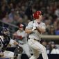 Philadelphia Phillies&#39; Jay Bruce watches his grand slam during the fifth inning of the team&#39;s baseball game against the San Diego Padres, Tuesday, June 4, 2019, in San Diego. (AP Photo/Gregory Bull)