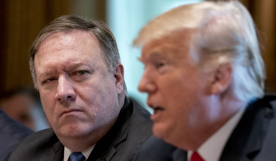 President Donald Trump, accompanied by Secretary of State Mike Pompeo, left, speaks during a Cabinet meeting in the Cabinet Room of the White House, Thursday, Aug. 16, 2018, in Washington. (AP Photo/Andrew Harnik) ** FILE **