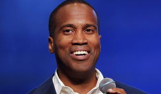 In this Oct. 17, 2018, file photo, Republican U.S. Senate candidate John James speaks during a rally in Pontiac, Mich. The combat veteran and businessman of Michigan is running for U.S. Senate again, this time against first-term Democratic Sen. Gary Peters in 2020. James, who ran against Democrat Debbie Stabenow in 2018, announced his candidacy on Thursday, June 6, 2019. (AP Photo/Paul Sancya)