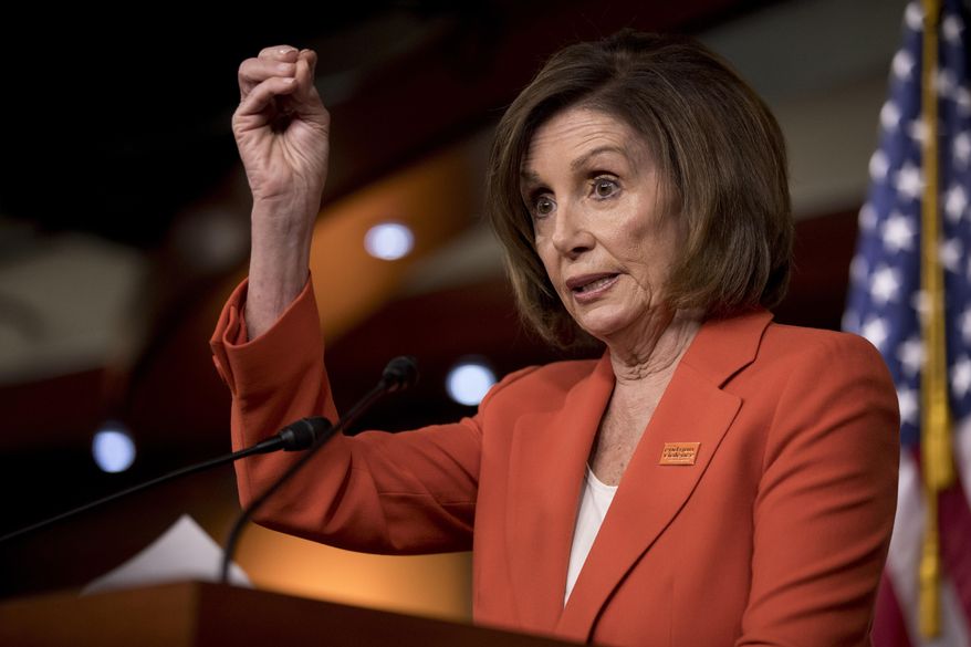 In this June 5, 2019, photo, House Speaker Nancy Pelosi of Calif., speaks to reporters at the Capitol in Washington. The political clock is a significant factor in whether majority House Democrats launch any impeachment proceedings against President Donald Trump. There’s increasing pressure on Pelosi to at least start an impeachment inquiry into whether Trump obstructed special counsel Robert Mueller’s investigation. (AP Photo/Andrew Harnik)
