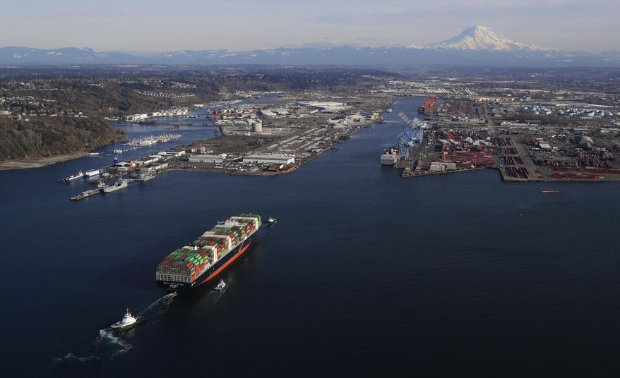 FILE - In this March 5, 2019, file photo, a cargo ship arrives at the Port of Tacoma, in Tacoma, Wash. Over the past month, President Donald Trump has rolled the dice on the economy. He has more than doubled tariffs on $200 billion in Chinese imports. He’s preparing to target another $300 billion, extending his import taxes to everything China ships to the United States.(AP Photo/Ted S. Warren, File)