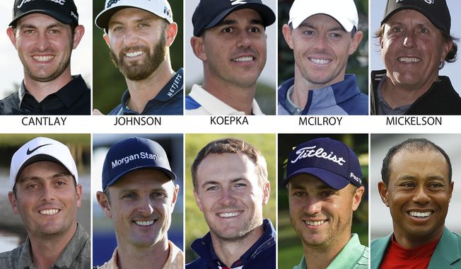 FILE - These are 2019 file photos showing 10 contenders for the U.S. open golf tournament. They are: Patrick Cantlay, Dustin Johnson, Brooks Koepka, Rory McIlroy, Phil Mickelson, Francesco Molinari, Justin Rose, Jordan Spieth, Justin Thomas and Tiger Woods. (AP Photo/File)