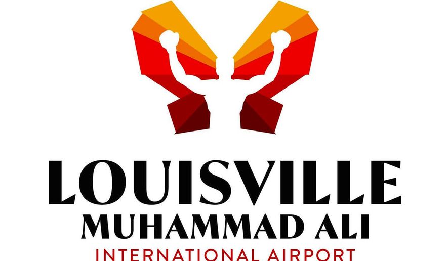 This image provided by the Louisville Regional Airport Authority shows a new logo, part of the airport's new branding. The logo shows a silhouette of Ali with arms raised against a butterfly. Officials say the butterfly pays homage to Ali’s famous phrase, “float like a butterfly, sting like a bee” and the context of flight for the airport. (Louisville Regional Airport Authority via AP)