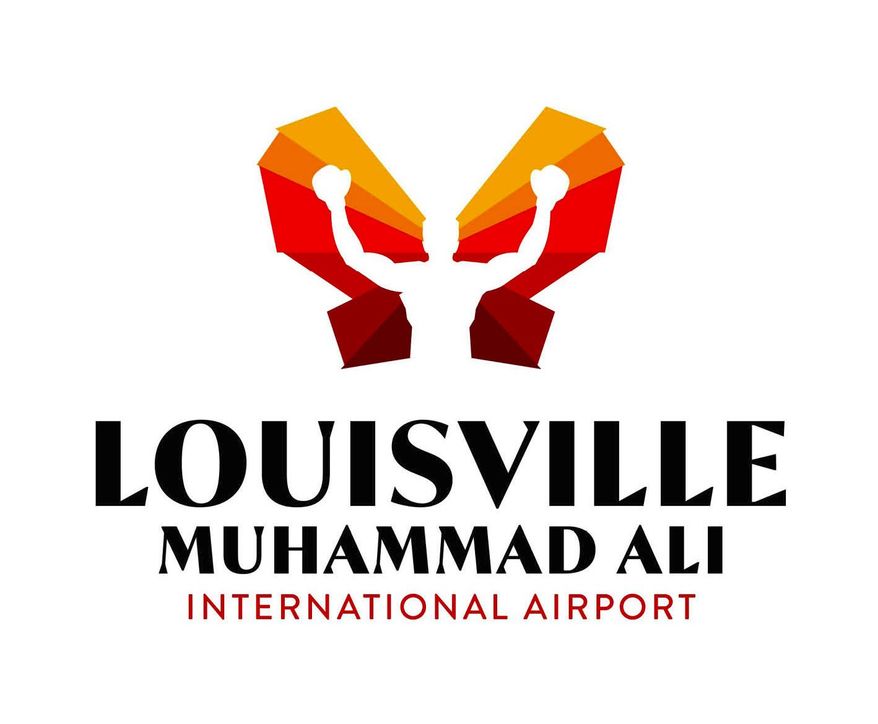 This image provided by the Louisville Regional Airport Authority shows a new logo, part of the airport's new branding. The logo shows a silhouette of Ali with arms raised against a butterfly. Officials say the butterfly pays homage to Ali’s famous phrase, “float like a butterfly, sting like a bee” and the context of flight for the airport. (Louisville Regional Airport Authority via AP)