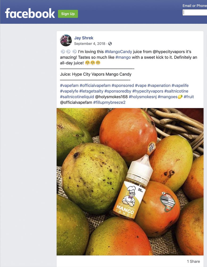 This image captured on Friday, June 7, 2019 shows a Sept. 4, 2018 post on Facebook cited by the U.S. Food and Drug Administration as promoting an e-cigarette formula without including the required nicotine warning statement. On Friday, the FDA sent warning letters to four companies that used paid social media specialists to pitch their fruity and candy nicotine formulas to their online followers. (AP Photo)