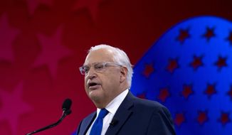 In this March 26, 2019 file photo, United States Ambassador to Israel David Friedman speaks at the 2019 American Israel Public Affairs Committee (AIPAC) policy conference, at Washington Convention Center, in Washington.  Friedman says Israel has the right to retain parts, but not all, of the West Bank.  His remarks in an interview The New York Times published Saturday, June 8, 2019,  comes about two months after Israeli Prime Minister Benjamin Netanyahu vowed to begin annexing parts of the West Bank.  (AP Photo/Jose Luis Magana, File) **FILE**
