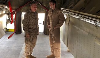 Marine Gen. Frank McKenzie, head of U.S. Central Command, confers with an Air Force officer below the bomb bay of a B-52 bomber on Friday, June 7, 2019 at al-Udeid air base in Qatar. McKenzie said on Friday that he thinks Iran had been planning some sort of attack on shipping or U.S. forces in Iraq. Two other officials, speaking on condition of anonymity to discuss sensitive details, said Iran was at a high state of readiness in early May with its ships, submarines, surface-to-air missiles and drone aircraft.   “It is my assessment that if we had not reenforced, it is entirely likely that an attack would have taken place by now,” he said.  (AP Photo/Robert Burns)