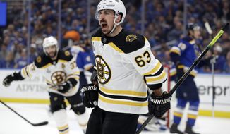 Boston Bruins left wing Brad Marchand (63) celebrates after scoring a goal against the St. Louis Blues during the first period of Game 6 of the NHL hockey Stanley Cup Final Sunday, June 9, 2019, in St. Louis. (AP Photo/Jeff Roberson)