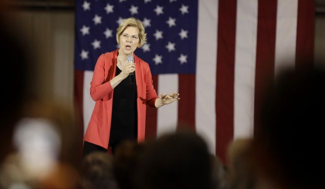 In this June 5, 2019, photo, Democratic presidential candidate Sen. Elizabeth Warren, D-Mass., speaks at the RV/MH Hall of Fame and Museum in Elkhart, Ind. Bernie Sanders has fallen to second place in most polls in the weeks since Joe Biden entered the presidential race. But Warren is emerging as another threat to his appeal, thanks in part to her populist proposals that at time go further left than Sanders on his key issues. (AP Photo/Darron Cummings)