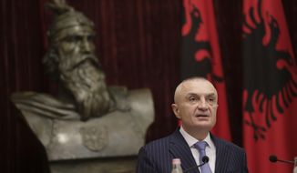 Albanian President Ilir Meta speaks during a news conference in capital Tirana, Albania on Monday June 10, 2019. Albania&#x27;s president says he has canceled upcoming municipal elections fearing a “social tension.” Ilir Meta said holding elections without the opposition would be “undemocratic” and would “freeze the country’s integration.” (AP Photo/Hektor Pustina)