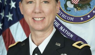 In this undated National Guard photo is Brig. Gen. Laura Yeager. The California National Guard has announced the appointment of the first woman to lead a U.S. Army infantry division. Brig. Gen. Laura Yeager will assume command of the 40th Infantry Division on June 29, 2019, at Joint Forces Training Base in Los Alamitos, California. Yeager currently commands Joint Task Force North, U.S. Northern Command at Fort Bliss, Texas. (National Guard via AP)