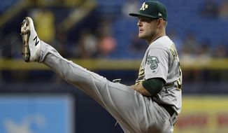 Oakland Athletics&#39; Tanner Anderson kicks before a pitch to the Tampa Bay Rays during the first inning of a baseball game Monday, June 10, 2019, in St. Petersburg, Fla. (AP Photo/Chris O&#39;Meara)