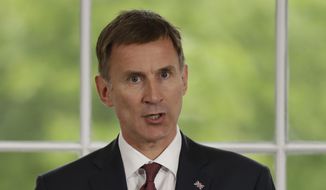 Britain&#39;s Foreign Secretary Jeremy Hunt launches his leadership campaign for the Conservative Party in London, Monday, June 10, 2019. (AP Photo/Matt Dunham) 