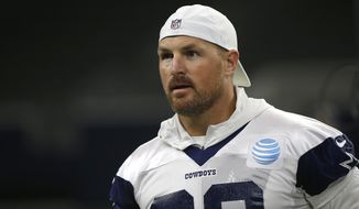 In this May 29, 2019, photo, Dallas Cowboys tight end Jason Witten (82) stands on the field during an organized team activity at its NFL football training facility in Frisco, Texas. Witten talks a lot about blending in now that he&#39;s back for what will be a club-record 16th season with the Dallas Cowboys following a year in retirement. (AP Photo/Ron Jenkins)