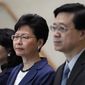 Hong Kong Secretary for Security John Lee, right,  Hong Kong Chief Executive Carrie Lam, center, and Secretary of Justice Teresa Cheng listen to reporters questions during a press conference in Hong Kong Monday, June 10, 2019. Lam signaled Monday that her government will go ahead with proposed amendments to its extradition laws after a massive protest against them. (AP Photo/Vincent Yu)