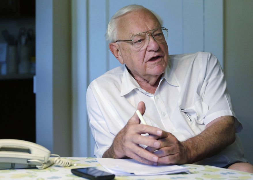 FILE - In this July 3, 2014 file photo, former Illinois Gov. George Ryan speaks at his home in Kankakee, Ill. The trial of an ex-University of Illinois grad charged with killing a Chinese scholar is the first federal death-penalty trial in Illinois since it abolished the death penalty and some activists aren't happy about it. Former Gov. George Ryan, who took the first step toward abolishing the state's death penalty by placing a moratorium on executions in Illinois in 2000, a year after the state's last execution, said the federal decision to hold a death penalty trial there subverted the will of the majority of the residents. The trial in which openings are set for Wednesday, June 12, highlights the rarity of such cases. (AP Photo/M. Spencer Green, File)