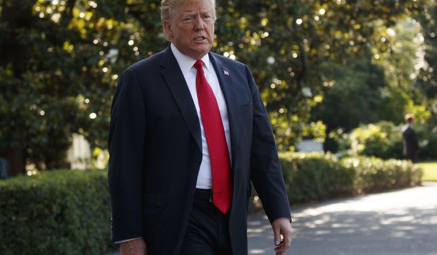 FILE - In this Thursday, May 30, 2019, file photo, President Donald Trump talks with reporters before departing on Marine One, in Washington. The majority owner of a former Trump-branded hotel in Panama alleged in a court filing on Monday, June 3, 2019, that the U.S. president's company misrepresented finances of the building to evade taxes in the country. (AP Photo/Evan Vucci, File)