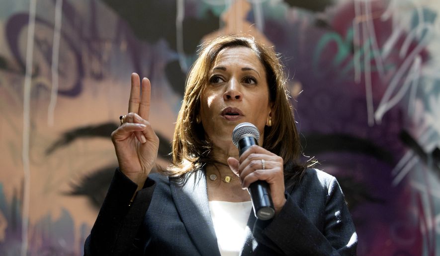 Presidential candidate U.S. Sen. Kamala Harris, D-Calif., speaks to supporters during a campaign stop at Convivium Urban Farmstead in Dubuque, Iowa, on Monday, June 10, 2019. (Eileen Meslar/Telegraph Herald via AP)