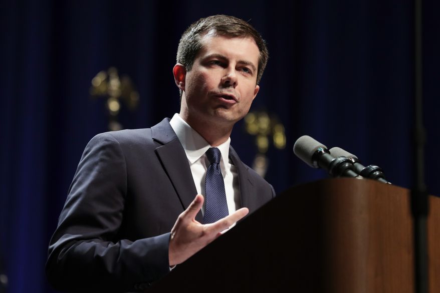 Democratic presidential candidate Mayor Pete Buttigieg delivers remarks on foreign policy and national security during a speech at the Indiana University Auditorium in Bloomington, Ind., Tuesday, June 11, 2019. (AP Photo/Michael Conroy)