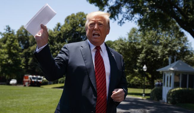 President Donald Trump speaks to reporters before departing for a trip to Iowa, on the South Lawn of White House, Tuesday, June 11, 2019, in Washington. (AP Photo/Evan Vucci)