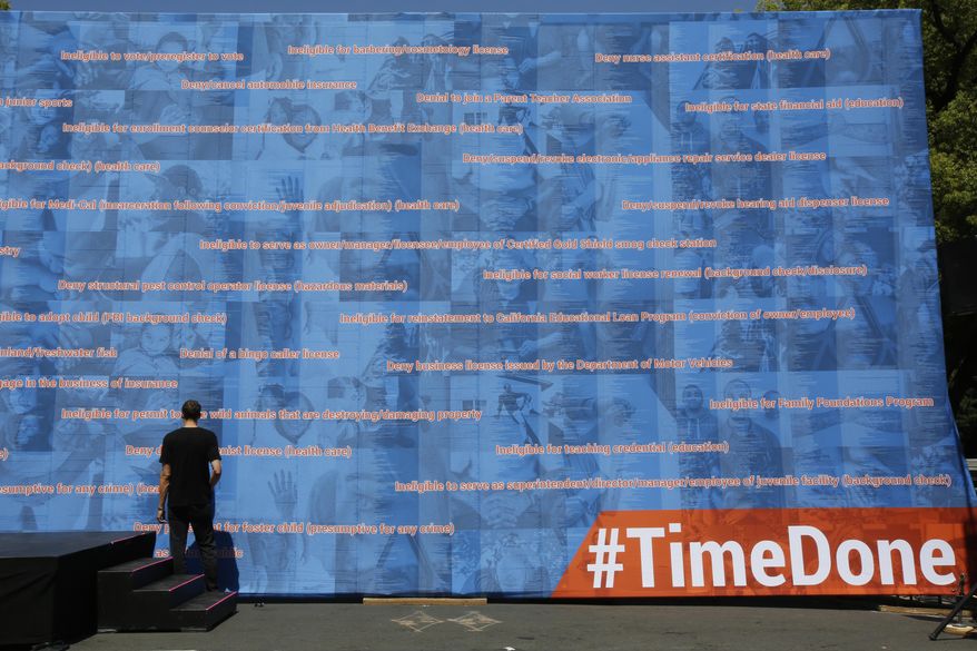 Part of 20-foot-tall, 70-foot-wide exhibit outlining legal restrictions that Americans with the past convictions or criminal records face after they've completed their sentences is displayed at a rally supporting legislation that would help automatically expunge old criminal records, in Sacramento, Calif., Tuesday June 11, 2019. The nonprofit organizer of the rally, Californians for Safety and Justice, estimates that 1 million Californians could benefit. (AP Photos by Rich Pedroncelli) in Sacramento, Calif., Tuesday June 11, 2019. (AP Photo/Rich Pedroncelli
