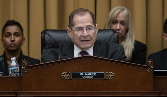 House Judiciary Committee Chairman, Rep. Jerrold Nadler, D-N.Y., makes an opening statement as House Democrats start their hearing to examine whether President Donald Trump obstructed justice, the first of several hearings scheduled by Democrats on special counsel Robert Mueller&#x27;s report, on Capitol Hill in Washington, Monday, June 10, 2019. (AP Photo/J. Scott Applewhite)