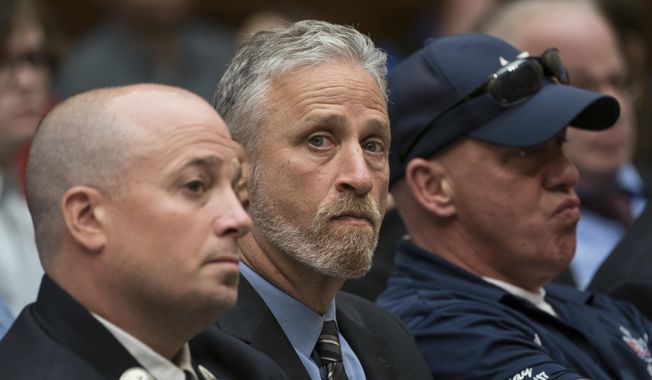 Entertainer and activist Jon Stewart lends his support to firefighters, first responders and survivors of the Sept. 11, 2001, terror attacks at a hearing by the House Judiciary Committee as it considers permanent authorization of the Victim Compensation Fund, on Capitol Hill in Washington, Tuesday, June 11, 2019. (AP Photo/J. Scott Applewhite) ** FILE **
