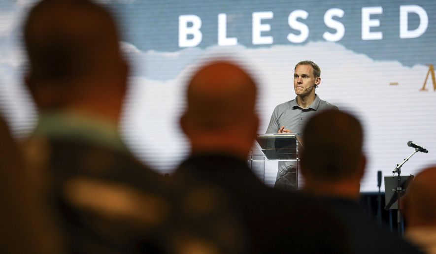 David Platt, former president of the International Mission Board and a current pastor at McLean Bible Church in Virginia, speaks at the Pastor&#39;s Conference at the Southern Baptist Convention on Monday, June 10, 2019, in Birmingham, Ala. ( Jon Shapley/Houston Chronicle via AP)