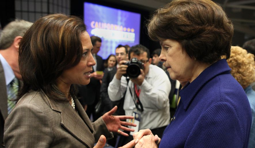 U.S. Sen.  Dianne Feinstein, right, talks with California Attorney General Kamala Harris after Feinsten&#x27;s luncheon speech at the California Democrats State Convention in Sacramento, Calif., Saturday, April 30, 2011. Feinstein told the Democratic  faithful that they must work to retake the Hose of Representatives next year or risk deep GOP budget cuts that would hurt seniors and poor people the most. (AP Photo/Rich Pedroncelli)