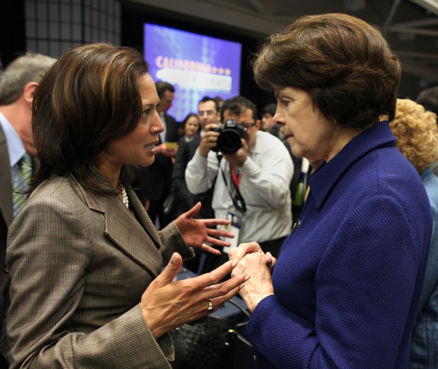 U.S. Sen.  Dianne Feinstein, right, talks with California Attorney General Kamala Harris after Feinsten&#39;s luncheon speech at the California Democrats State Convention in Sacramento, Calif., Saturday, April 30, 2011. Feinstein told the Democratic  faithful that they must work to retake the Hose of Representatives next year or risk deep GOP budget cuts that would hurt seniors and poor people the most. (AP Photo/Rich Pedroncelli)