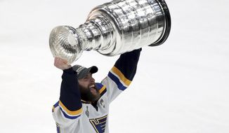St. Louis Blues&#39; Alex Pietrangelo carries the Stanley Cup after the Blues defeated the Boston Bruins in Game 7 of the NHL Stanley Cup Final, Wednesday, June 12, 2019, in Boston. (AP Photo/Charles Krupa) ** FILE **