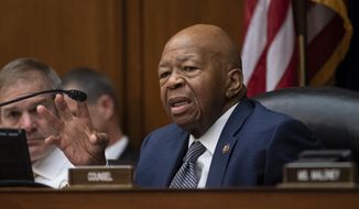 House Oversight and Reform Committee Chairman Elijah E. Cummings, D-Md., joined at left by Rep. Jim Jordan, R-Ohio, the ranking member, considers whether to hold Attorney General William Barr and Commerce Secretary Wilbur Ross in contempt for failing to turn over subpoenaed documents related to the Trump administration&#39;s decision to add a citizenship question to the 2020 census, on Capitol Hill in Washington, Wednesday, June 12, 2019. (AP Photo/J. Scott Applewhite) ** FILE **