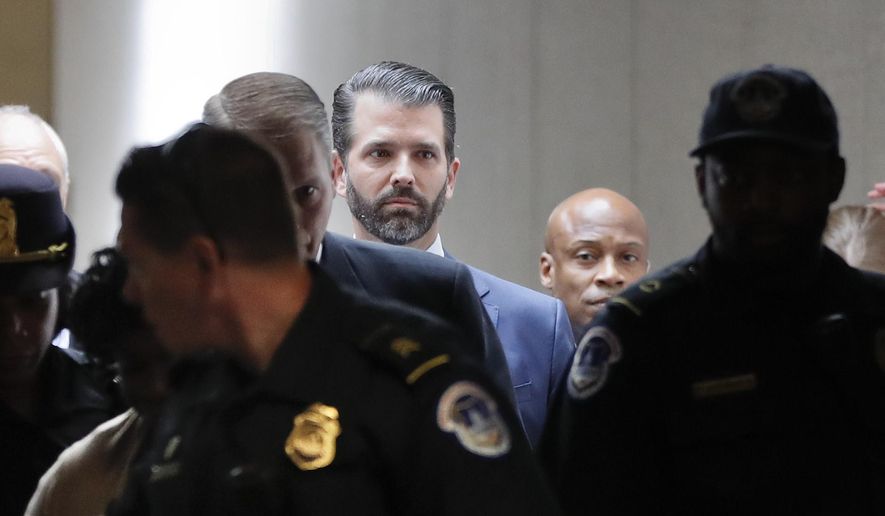 Donald Trump Jr., the son of President Donald Trump, arrives to meet privately with members of the Senate Intelligence Committee on Capitol Hill on Washington, Wednesday, June 12, 2019. (AP Photo/Pablo Martinez)