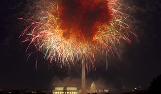 In this July 4, 2018, file photo, fireworks explode over Lincoln Memorial, Washington Monument and U.S. Capitol, along the National Mall in Washington, during the Fourth of July celebration. (AP Photo/Jose Luis Magana, File)