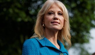 In this April 30, 2019, photo, White House counselor Kellyanne Conway talks with reporters outside the White House in Washington.  A federal watchdog is recommending that President Donald Trump remove counselor Kellyanne Conway from federal service for repeatedly violating the Hatch Act by repeatedly disparaging Democratic presidential candidates while speaking in her official capacity during television interviews and on social media.  (AP Photo/Evan Vucci) ** FILE **