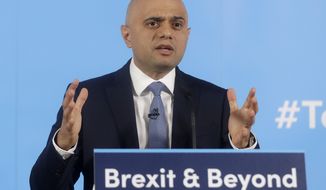 Conservative leadership contender and Britain&#39;s Home Secretary Sajid Javid delivers a speech to launch his campaign to become the next Conservative prime minister, in London, Wednesday, June 12, 2019. (AP Photo/Kirsty Wigglesworth)