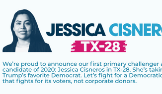 Screen capture from a splash page for the Justice Democrats PAC, announcing the group&#39;s endorsement of Jessica  Cisneros&#39;s primary challenge of Rep. Henry Cuellar, a Democrat from Texas who belongs to the moderate Blue Dog Coalition. (https://www.justicedemocrats.com/)