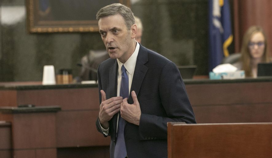 Rick Hubbard, 11th Circuit Solicitor, delivers closing arguments, pushing for the death penalty during the sentencing phase of the trial of Timothy Jones Jr. in Lexington, S.C. on Thursday, June 13, 2019. Jones, Jr. was found guilty of killing his five young children in 2014. (Tracy Glantz/The State via AP, Pool)