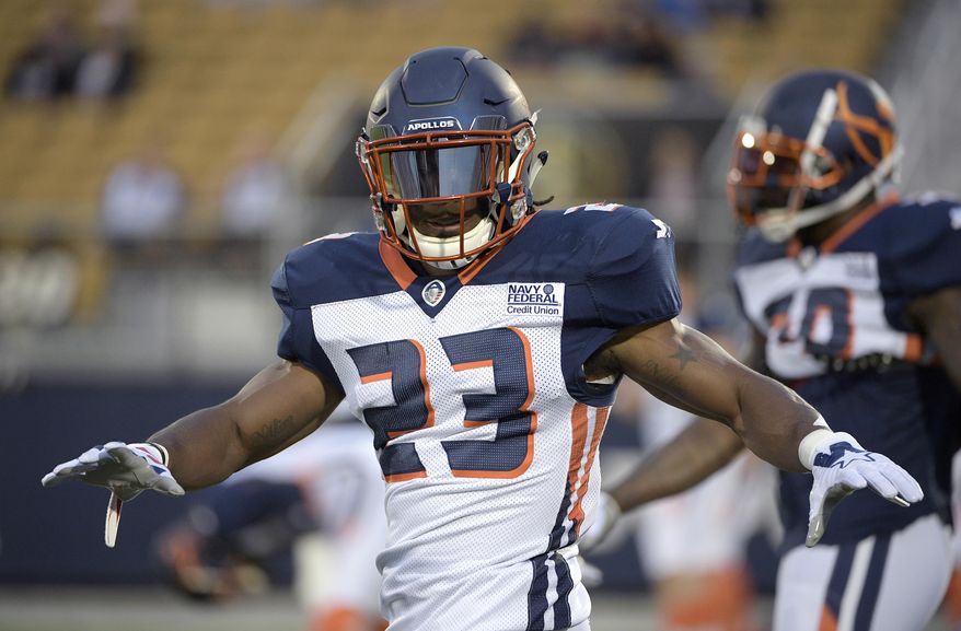 FILE - In this March 16, 2019, file photo, Orlando Apollos defensive back Mark Myers Jr. (23) warms up before an AAF football game against the Arizona Hotshots Saturday,, in Orlando, Fla. The New York Jets on Thursday, June 13, 2019, have signed Myers and waived safety John Battle. (AP Photo/Phelan M. Ebenhack, File)