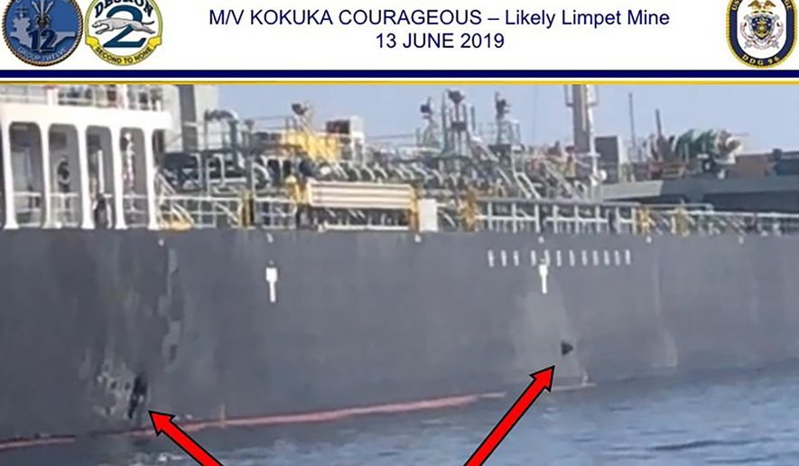 This June 13, 2019, image released by the U.S. military&#x27;s Central Command, shows damage and a suspected mine on the Kokuka Courageous in the Gulf of Oman near the coast of Iran. The U.S. military on Friday, June 14, 2019, released a video it said showed Iran&#x27;s Revolutionary Guard removing an unexploded limpet mine from one of the oil tankers targeted near the Strait of Hormuz, suggesting the Islamic Republic sought to remove evidence of its involvement from the scene. (U.S. Central Command via AP)